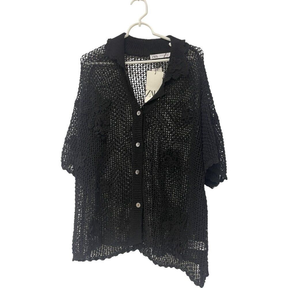 Zara Mens Shirt XL Button Up Black Crochet Collared Neck Short Sleeve NWT